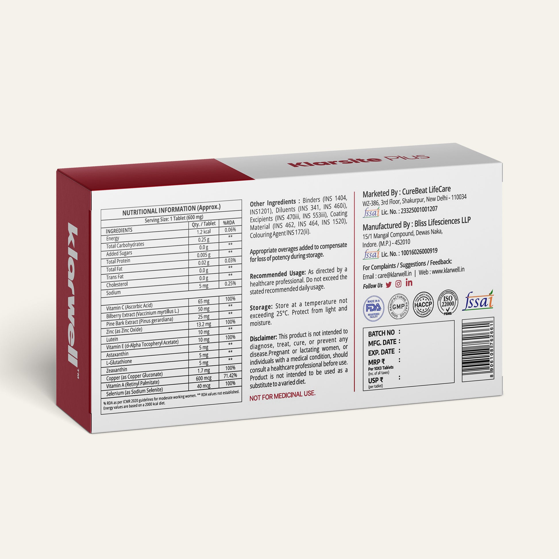 Klarwell Klarsite Plus eye health nutraceutical packaging on a white background