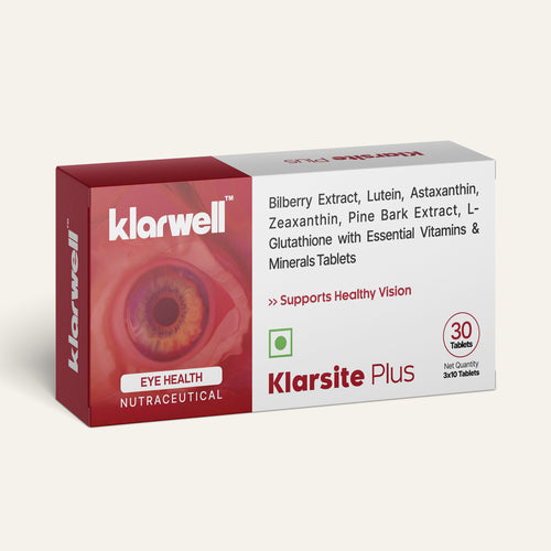 Front view of Klarsite Plus box showing eye supplement branding and 30 vegetarian tablets label