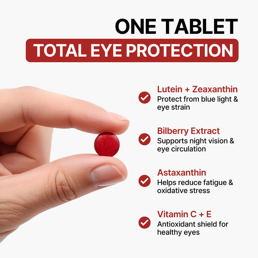 Single Klarsite Plus tablet with highlighted ingredients like lutein, bilberry, and astaxanthin showing their vision support benefits