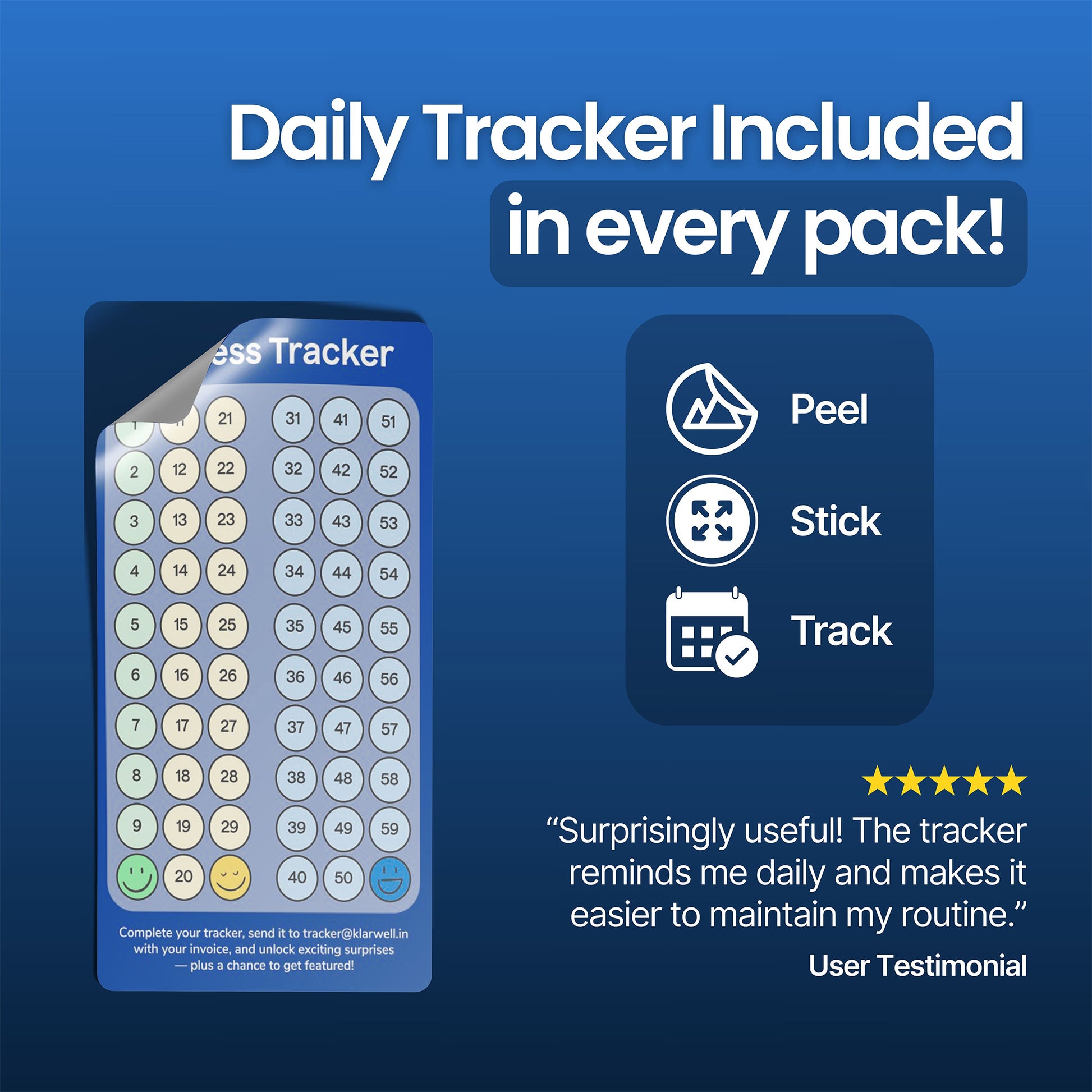 KlarWell Essential Multivitamin includes a daily tracker sticker in every pack to help track supplement routine easily