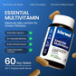 Front view of KlarWell Essential Multivitamin bottle showing 60 vegetarian tablets with detailed features and health benefits
