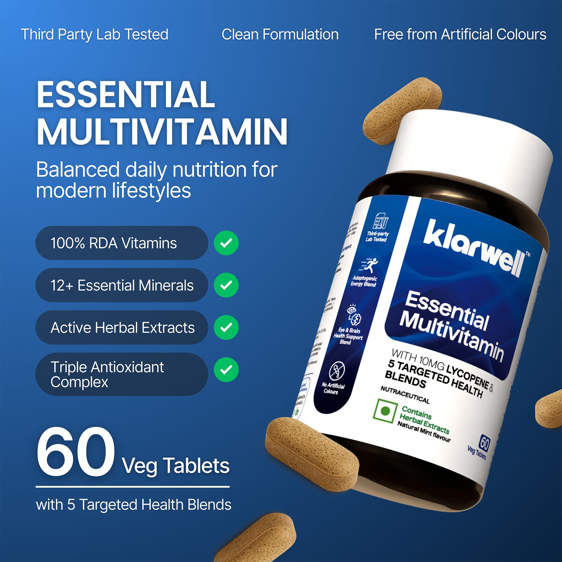 Front view of KlarWell Essential Multivitamin bottle showing 60 vegetarian tablets with detailed features and health benefits