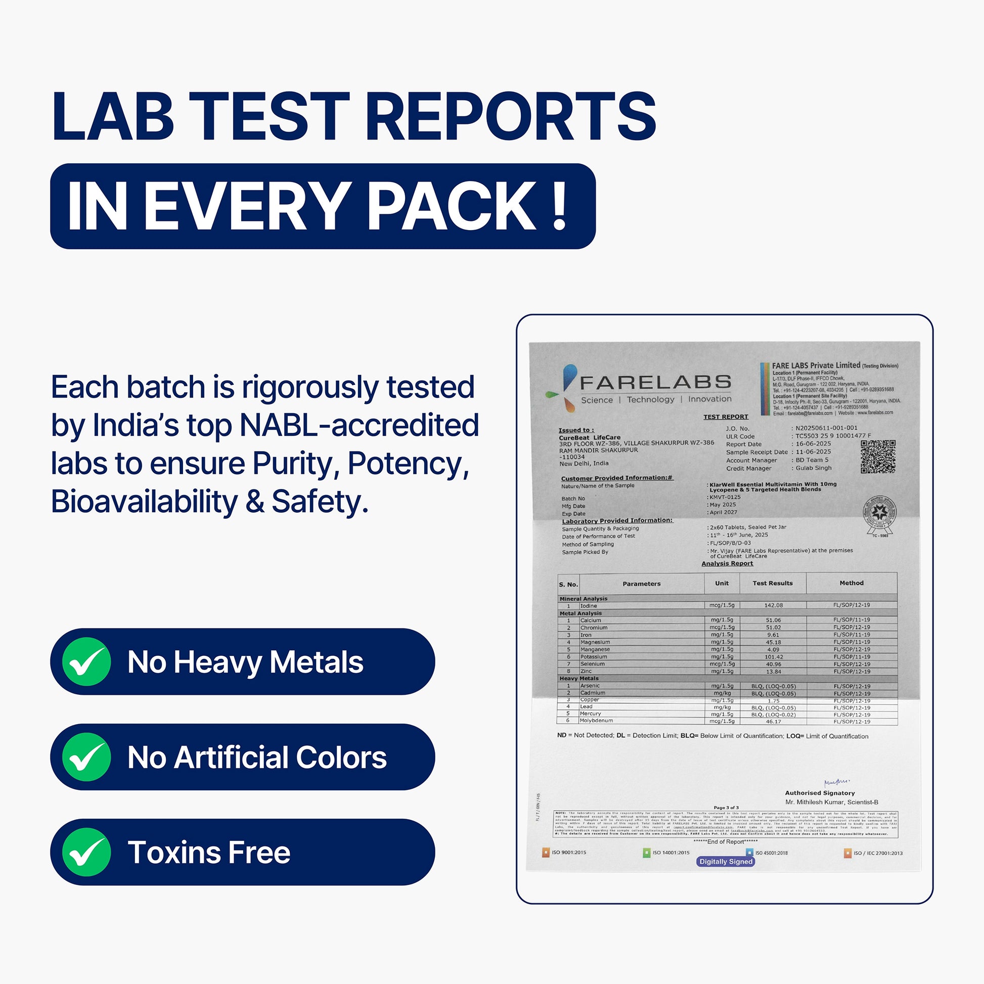 KlarWell Essential Multivitamin includes lab test report in every pack for verified quality and safety